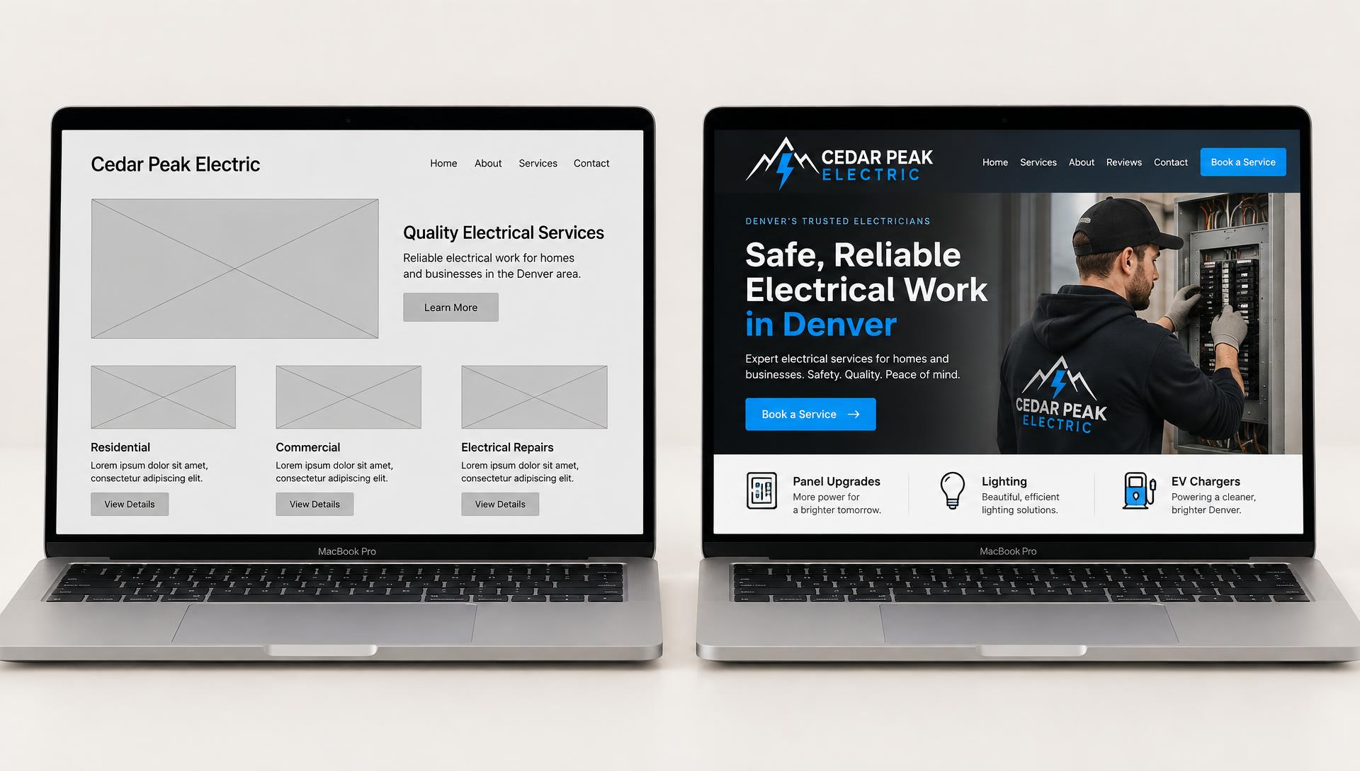 Two laptops: a plain first-draft Cedar Peak Electric website on the left, and the finished branded website with logo, photo and services on the right